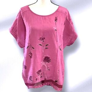 New Collection Artsy Embroidered Eyelet Detail Lace Hem 100% Cotton Tunic Top L